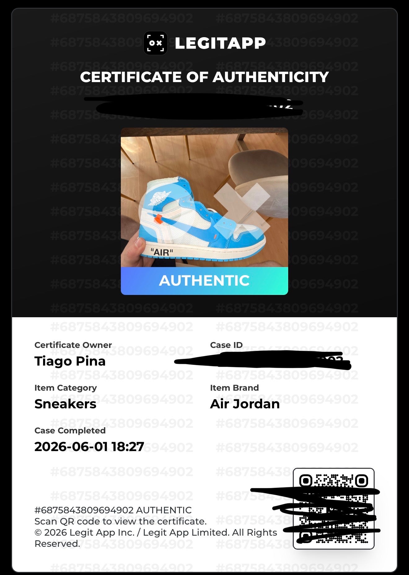 Air Jordan 1 Retro High OG x Off White ‘UNC’ 2018 - DS
